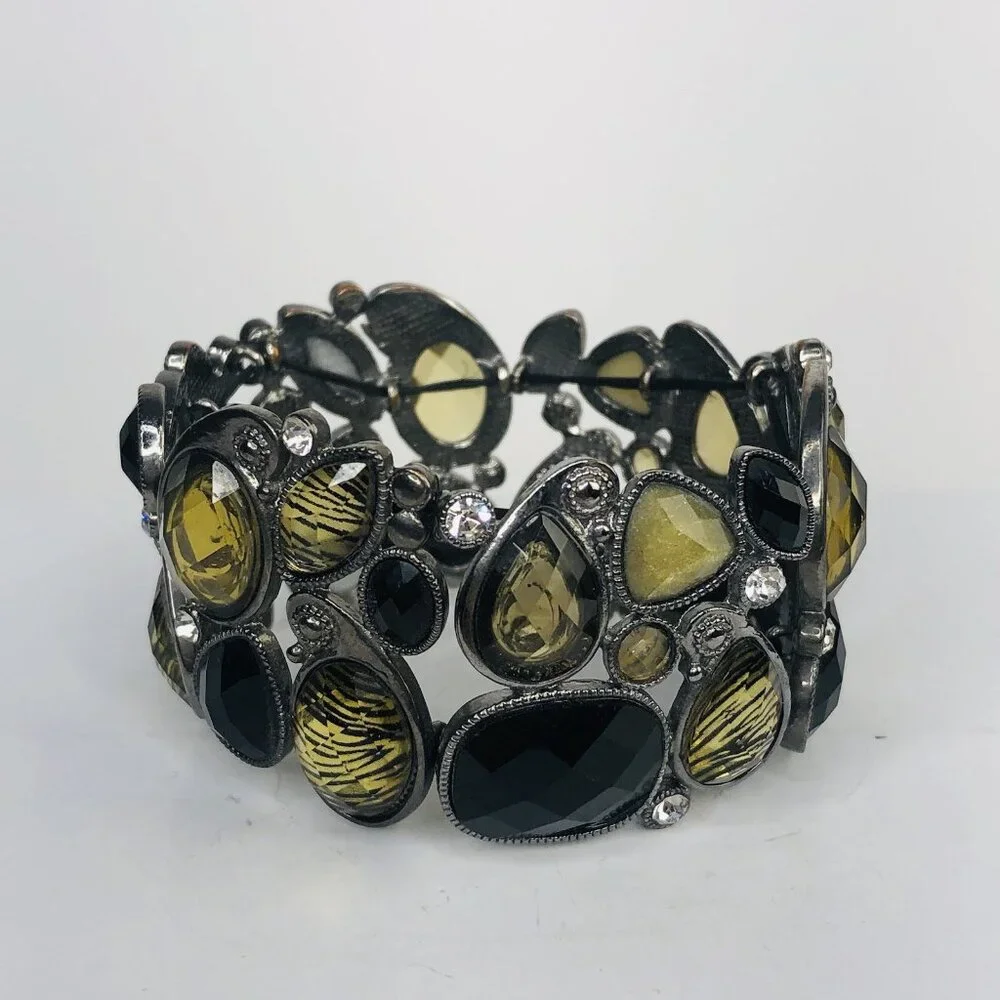 Lia Sophia Y2K Stretch Cuff Bracelet Crystals Cabochons Black Honey Gold Stones